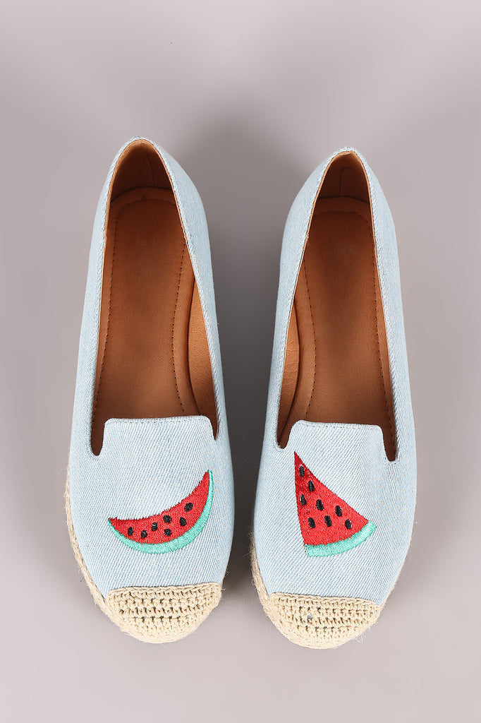 Fun Embroidered Denim Espadrille Slip On Loafer Flat