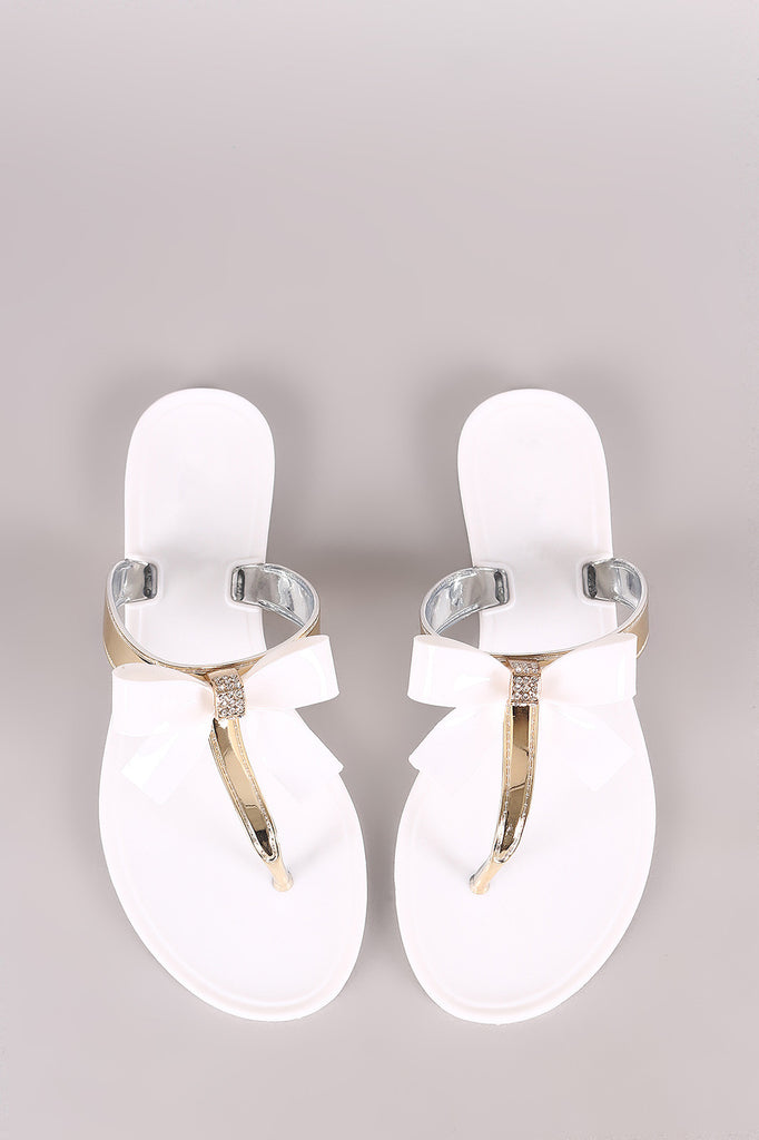 Rhinestone Accent Bow Jelly Thong Flat Sandal
