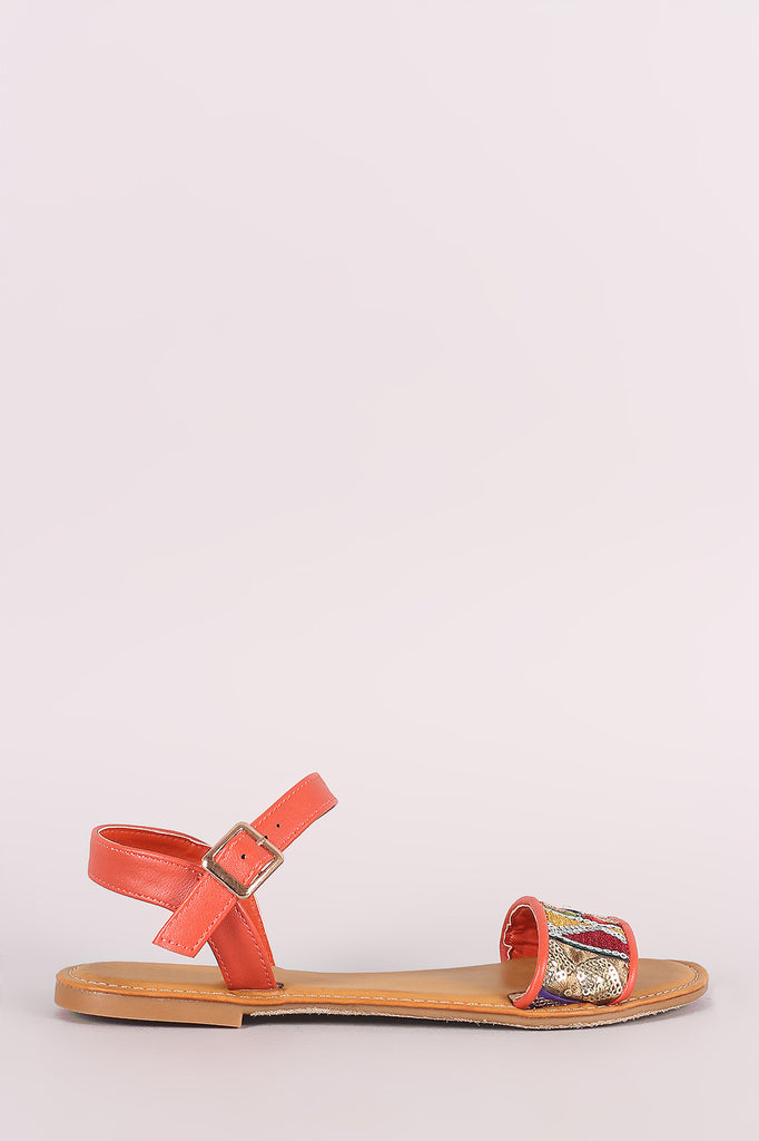 Bamboo Embroidered Sequin Ankle Strap Flat Sandal