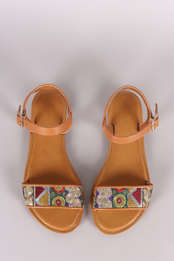 Bamboo Embroidered Sequin Ankle Strap Flat Sandal