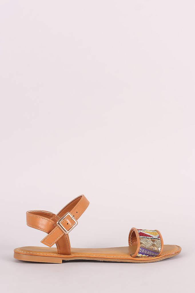 Bamboo Embroidered Sequin Ankle Strap Flat Sandal