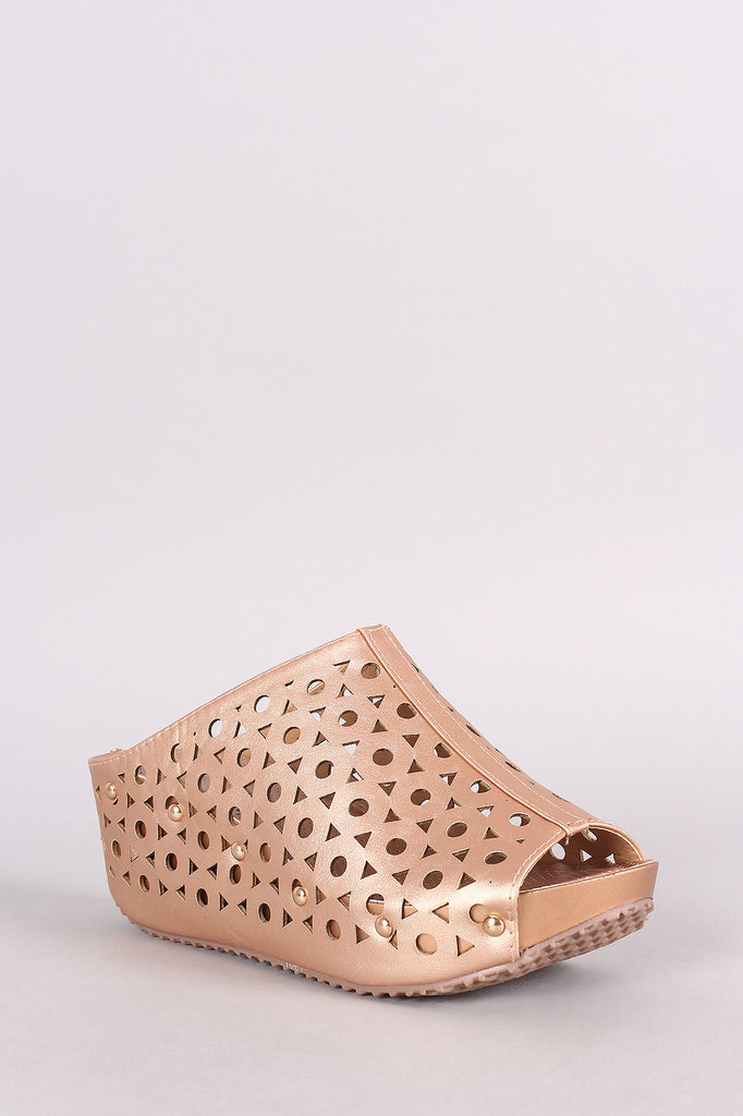 Studded Laser-Cut Peep Toe Platform Slide Wedge Mules