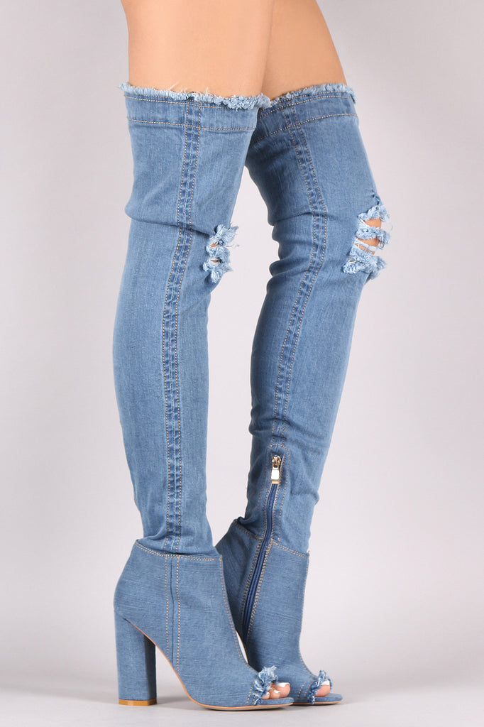Distressed Denim Chunky Heeled Over-The-Knee Boots