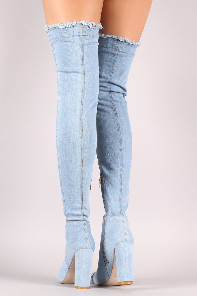 Distressed Denim Chunky Heeled Over-The-Knee Boots