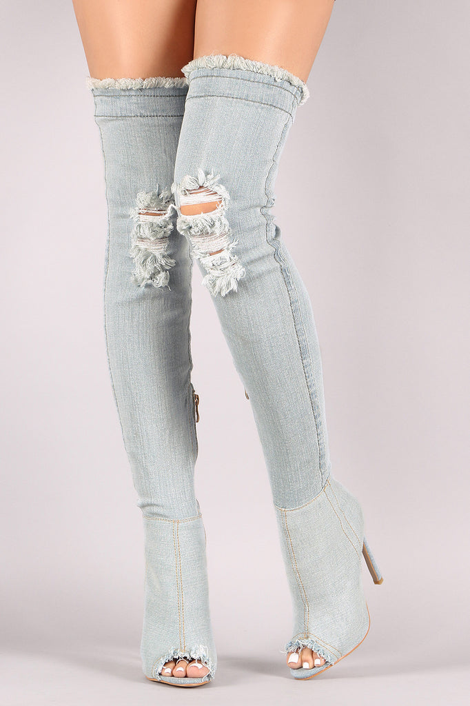 Distressed Denim Stiletto Over-The-Knee Boots