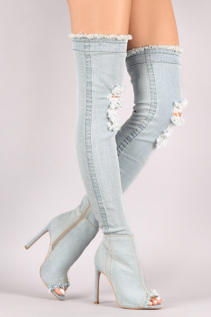 Distressed Denim Stiletto Over-The-Knee Boots