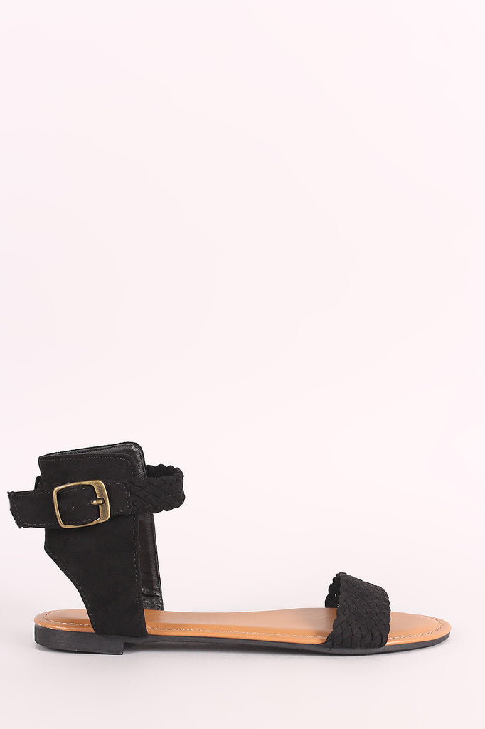 Bamboo Suede Braided Ankle Strap Flat Sandal