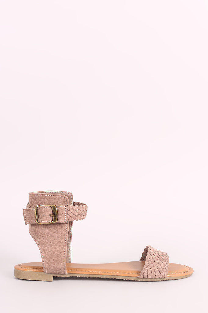 Bamboo Suede Braided Ankle Strap Flat Sandal