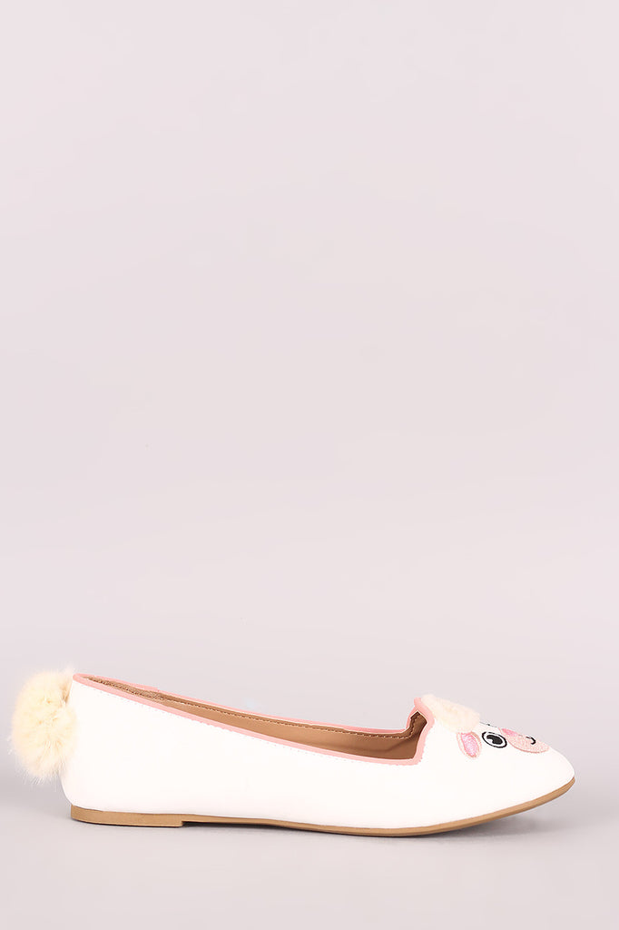 Bamboo Embroidered Animal Face Round Toe Loafer Flat