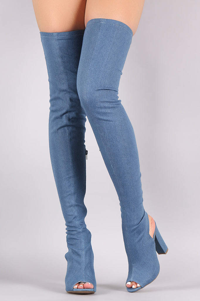 Bamboo Fitted Denim Chunky Heeled Over-The-Knee Boots