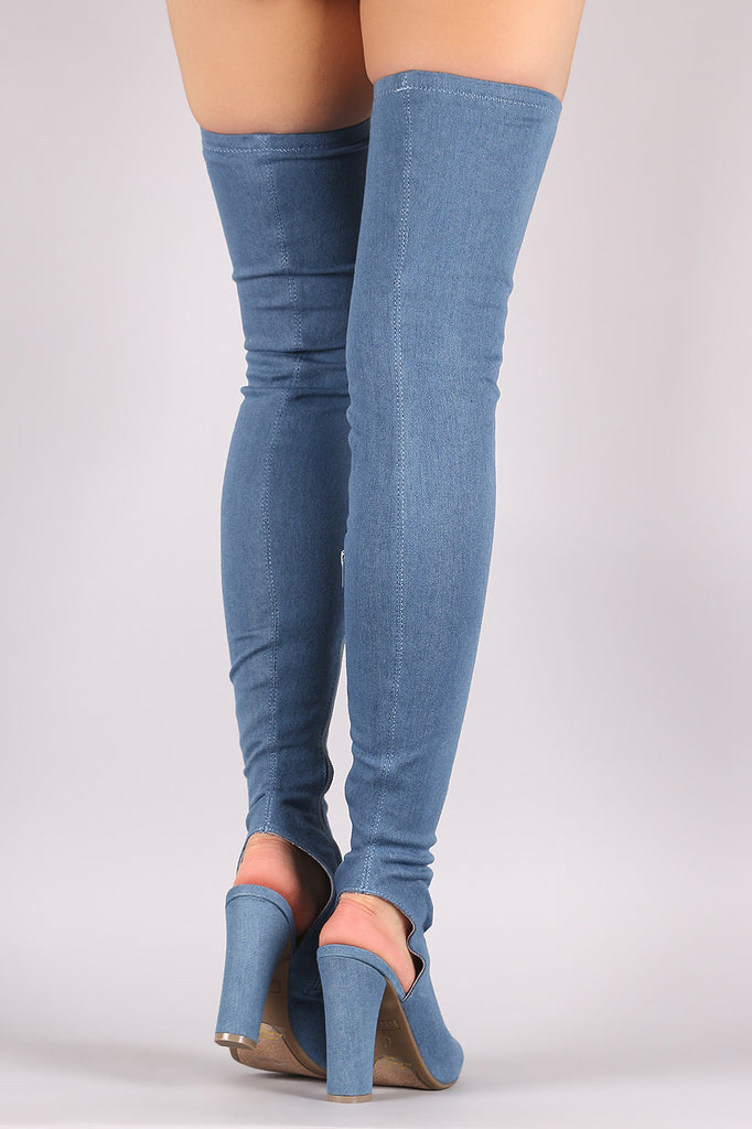 Bamboo Fitted Denim Chunky Heeled Over-The-Knee Boots