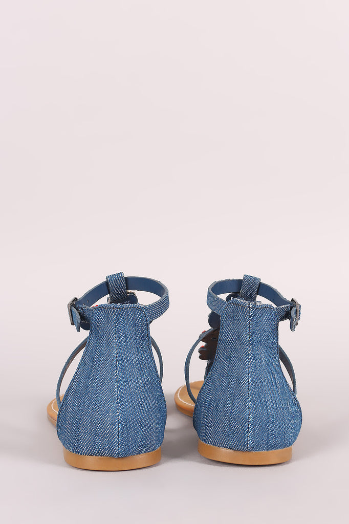 Bamboo Denim Beadwork T-Strap Thong Flat Sandal