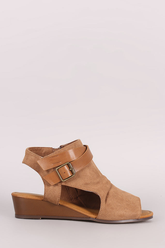 Bamboo Suede Crisscross Buckled Strap Cutout Wedge Sandal