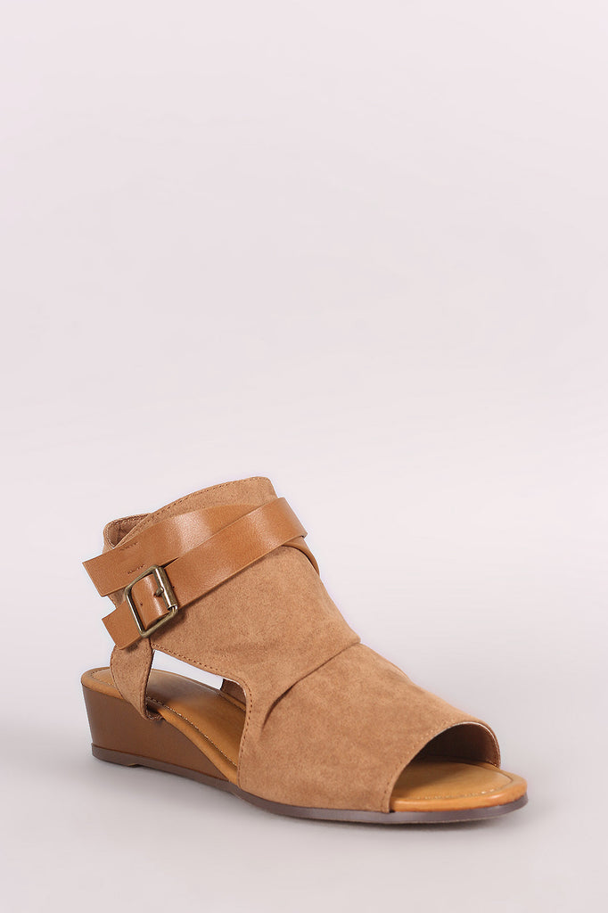 Bamboo Suede Crisscross Buckled Strap Cutout Wedge Sandal