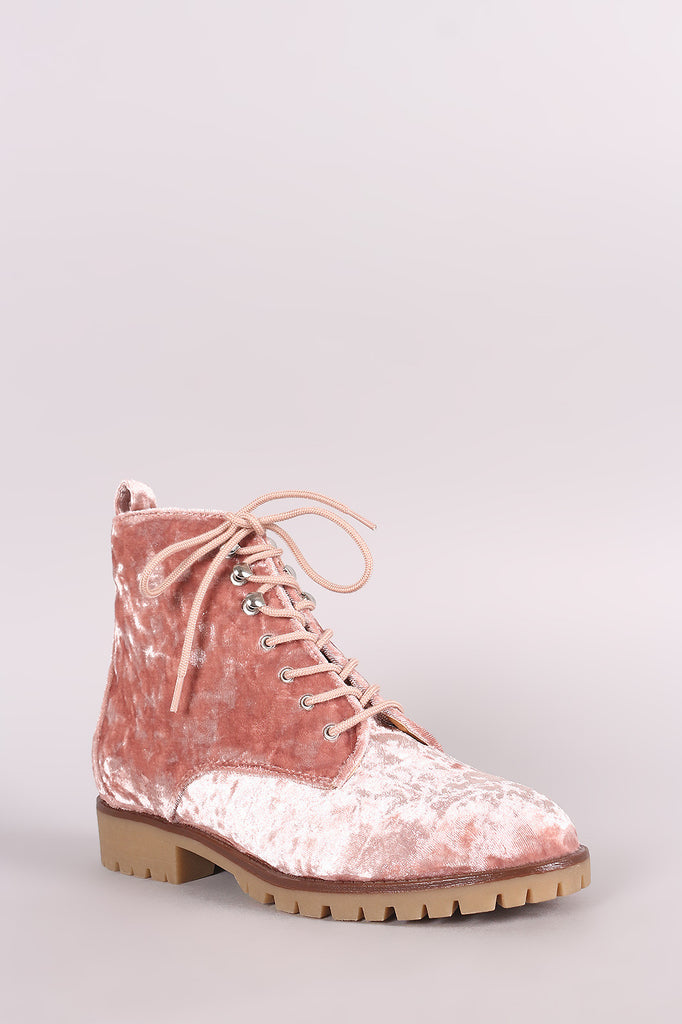 Qupid Velvet Round Toe Lace Up Combat Ankle Boots
