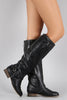 Breckelle Double Buckle Ruched Round Toe Riding Knee High Boot