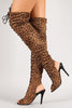 Breckelle Leopard Lace Up Back Cut Out Over-The-Knee Boot