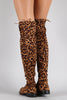 Bamboo Leopard Suede Tied Flat Thigh High Boot
