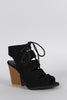 Qupid Suede Slit Cutout Lace Up Chunky Heel