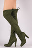 Suede Drawstring Tie Almond Toe Heeled Boots
