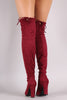Suede Drawstring Tie Almond Toe Heeled Boots