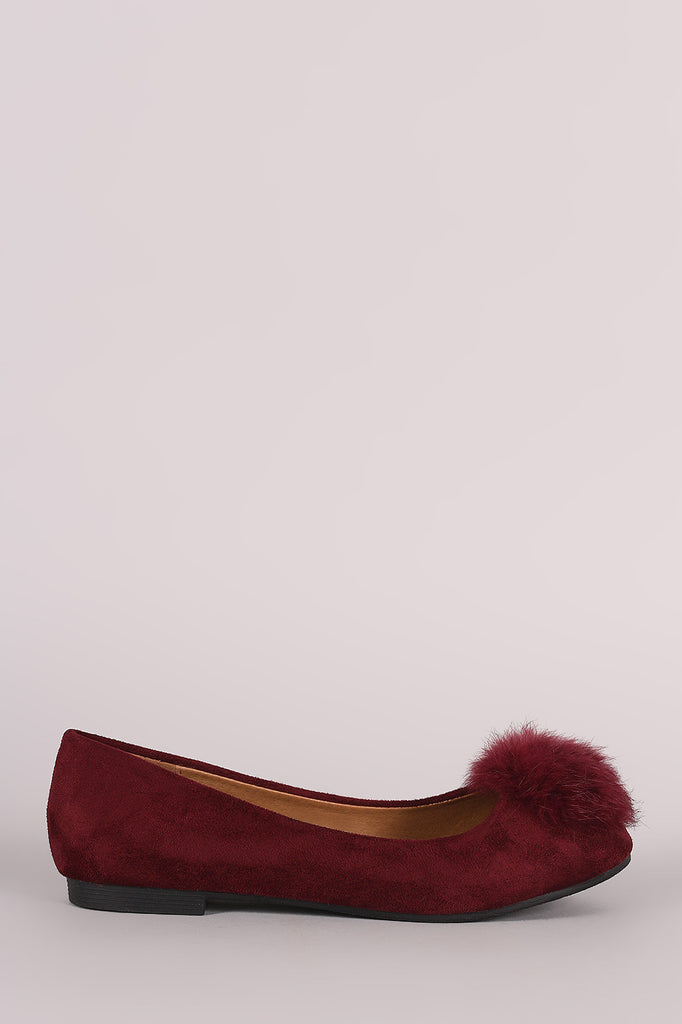 Vegan Suede Furry Pom Pom Ballet Flat