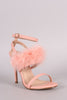 Feather Embellished Ankle Strap Open Toe Heel