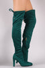 Suede Drawstring Tie Almond Toe Thick Heeled Boots