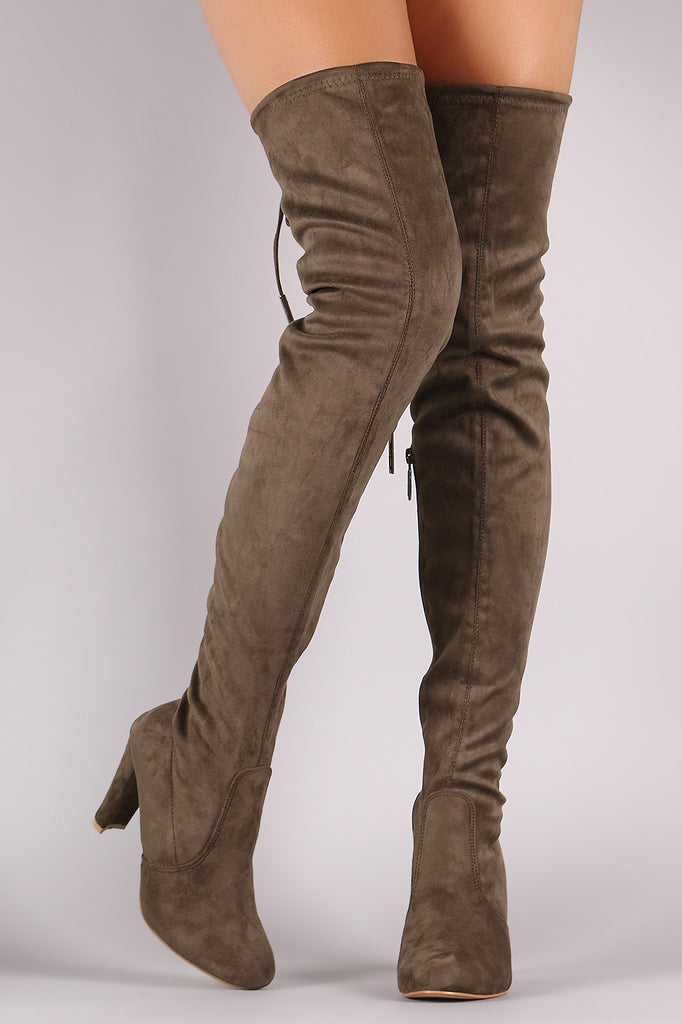 Suede Drawstring-Tie Thick Heeled Over-The-Knee Boots