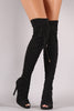Liliana Elastane Fitted OTK Peep Toe Stiletto Boots