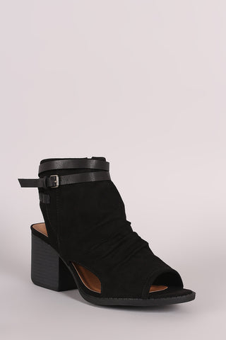 Qupid Suede Ruched Buckle Block Heeled Mule Booties