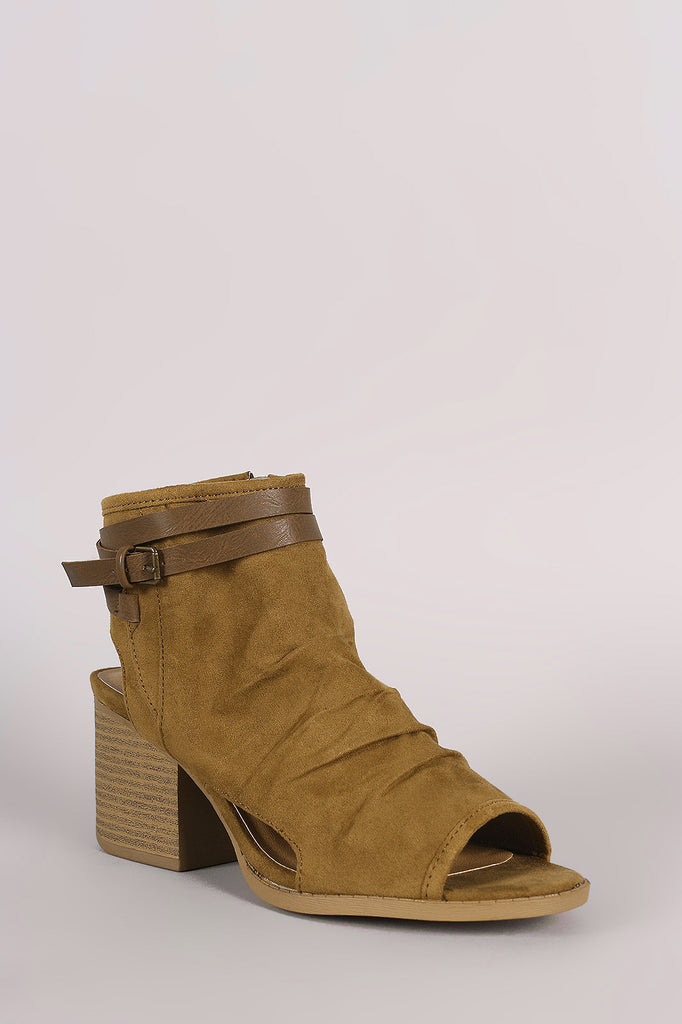 Qupid Suede Ruched Buckle Block Heeled Mule Booties