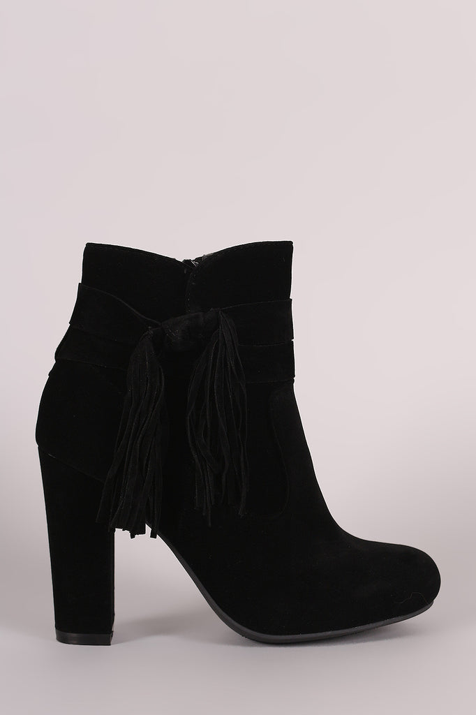 Bamboo Suede Knotted Side Fringe Chunky Heeled Booties