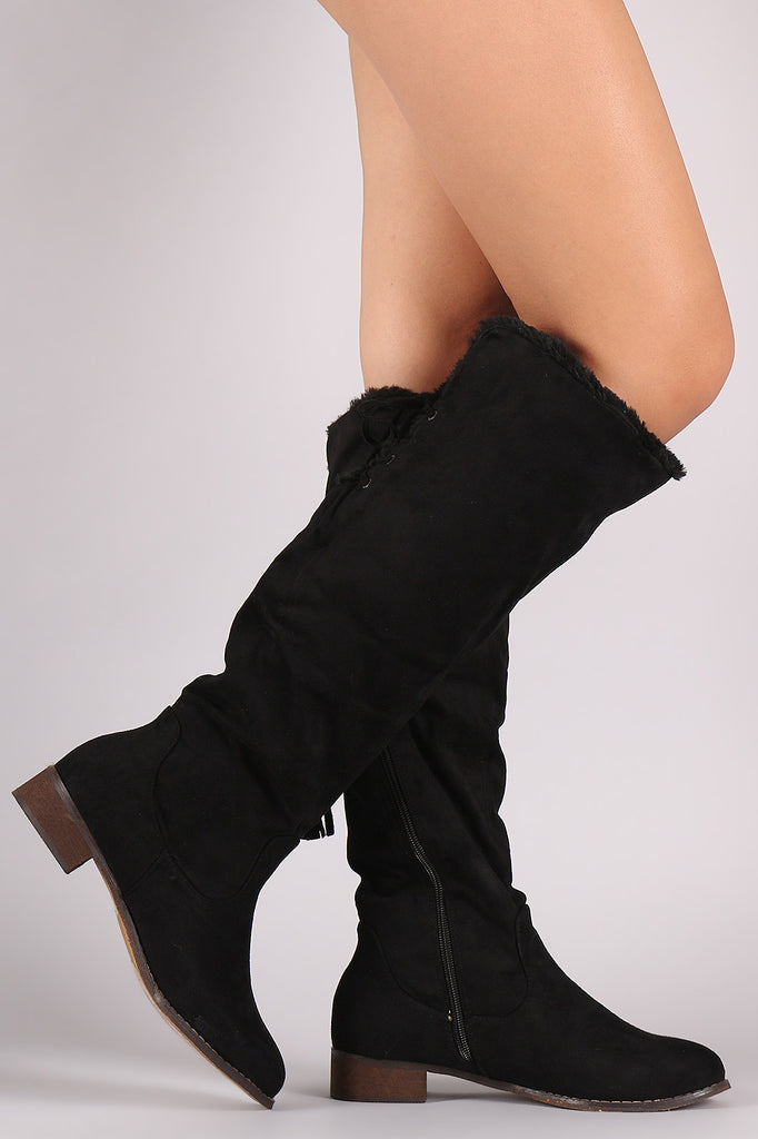 Suede Tassel Lace-Up Fur Cuff Riding Knee High Boots