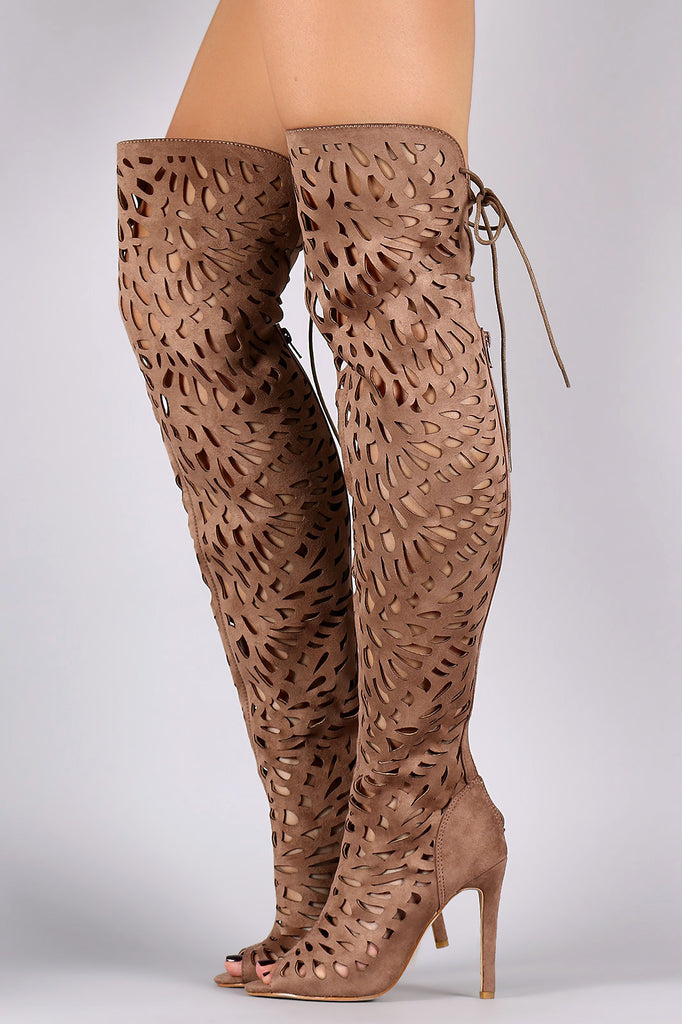 Over The Knee Teardrop Cutout Peep Toe Stiletto Boots
