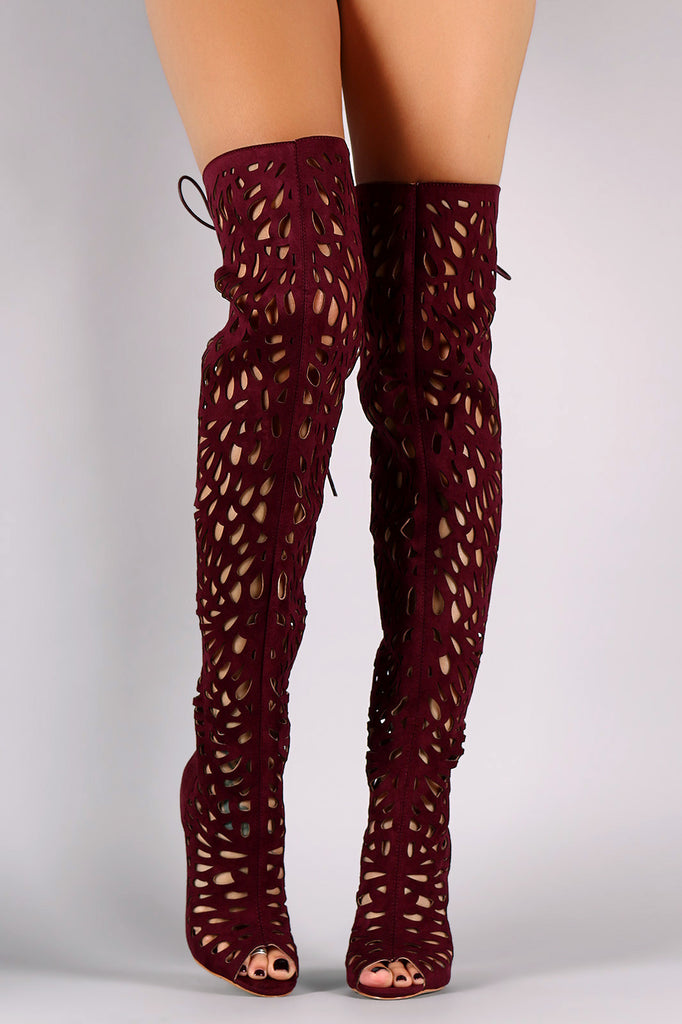 Over The Knee Teardrop Cutout Peep Toe Stiletto Boots