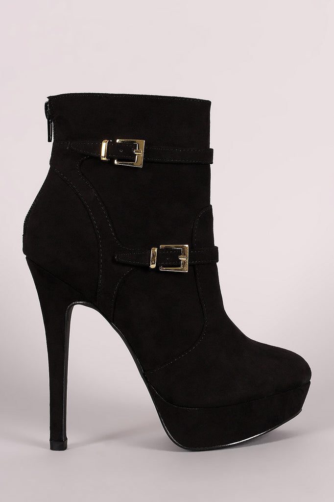 Suede Double Buckle Platform Stiletto Booties