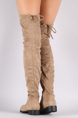 Suede Drawstring-Tie Block Heeled Riding Boots