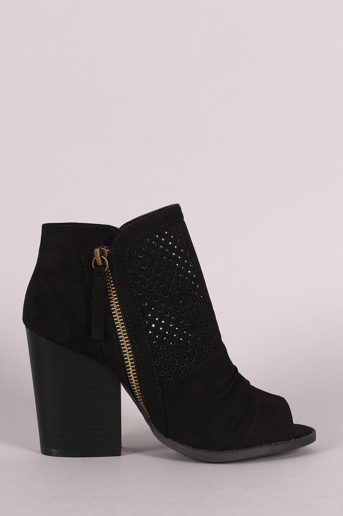 Qupid Suede Perforated Chunky Heeled Booties