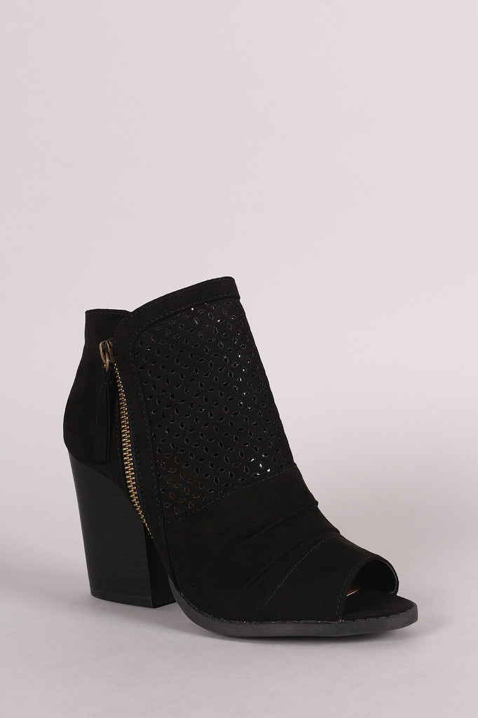 Qupid Suede Perforated Chunky Heeled Booties