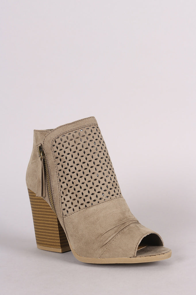 Qupid Suede Perforated Chunky Heeled Booties