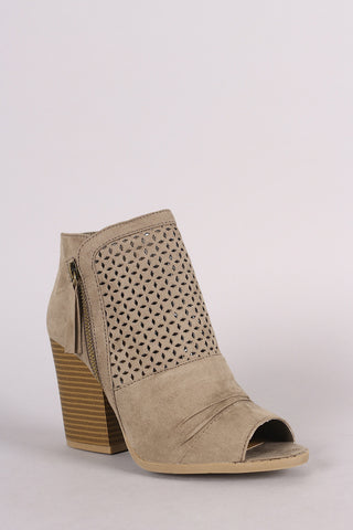 Qupid Suede Perforated Chunky Heeled Booties