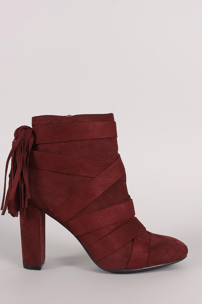 Qupid Strappy Tassel Suede Chunky Heeled Booties