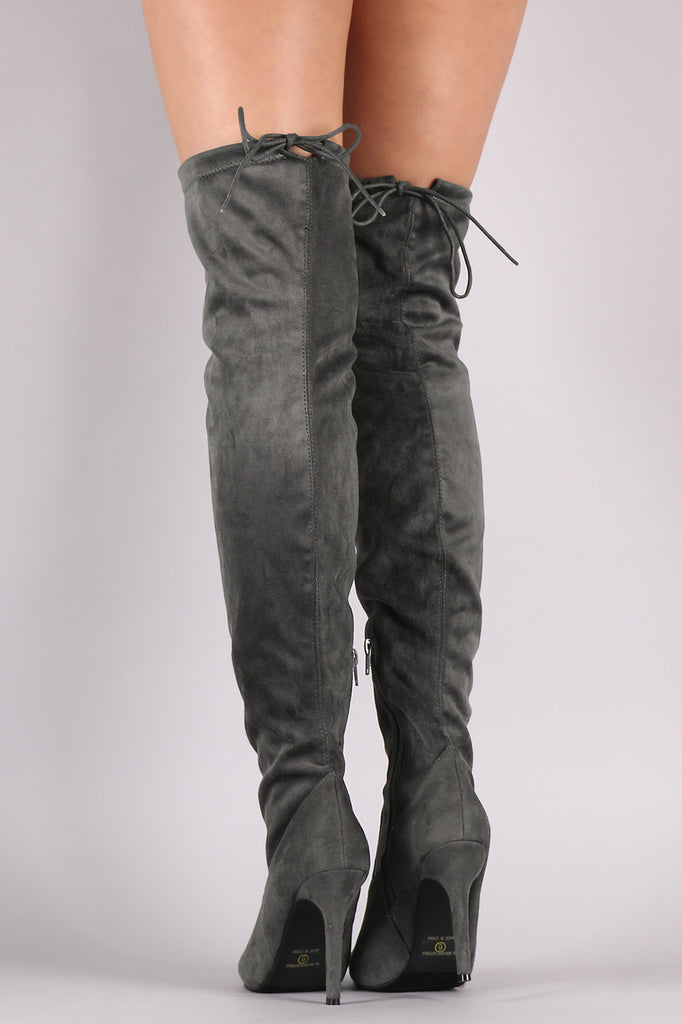Suede Drawstring Tie Stiletto Pointy Toe Boots