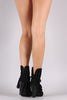 Qupid Perforated Suede Ankle Tie Chunky Heeled Booties