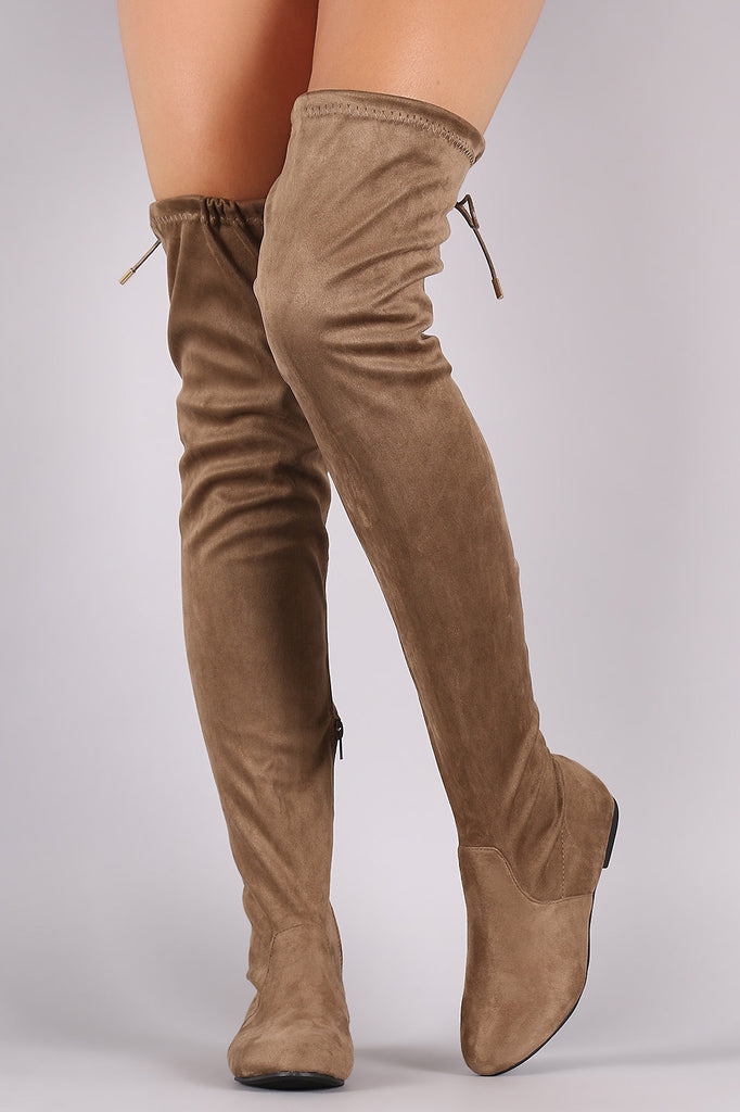 Suede Drawstring Tie Over-The-Knee Flat Boots