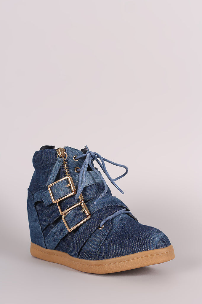 Washed Denim Multi Buckle Strap Lace Up High Top Wedge Sneaker