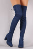 Drawstring-Tie Chunky Heeled Over-The-Knee Fitted Denim Boots