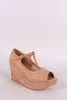Bamboo Suede T-Strap Peep Toe Platform Wedge