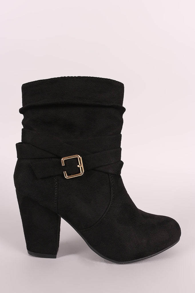 Slouchy Suede Buckled Ankle Strap Chunky Heeled Booties